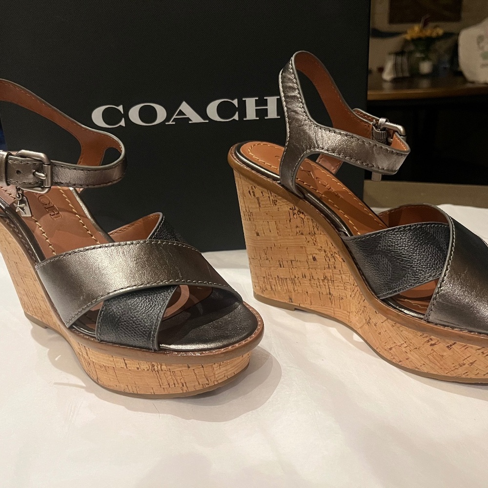 Coach Cross Band High Wedge Sandal Charcoal Gunmetal Size 6.5 - Picture 2 of 12